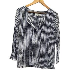 LOFT Navy and White Striped Cotton Half Button Blouse Size Small